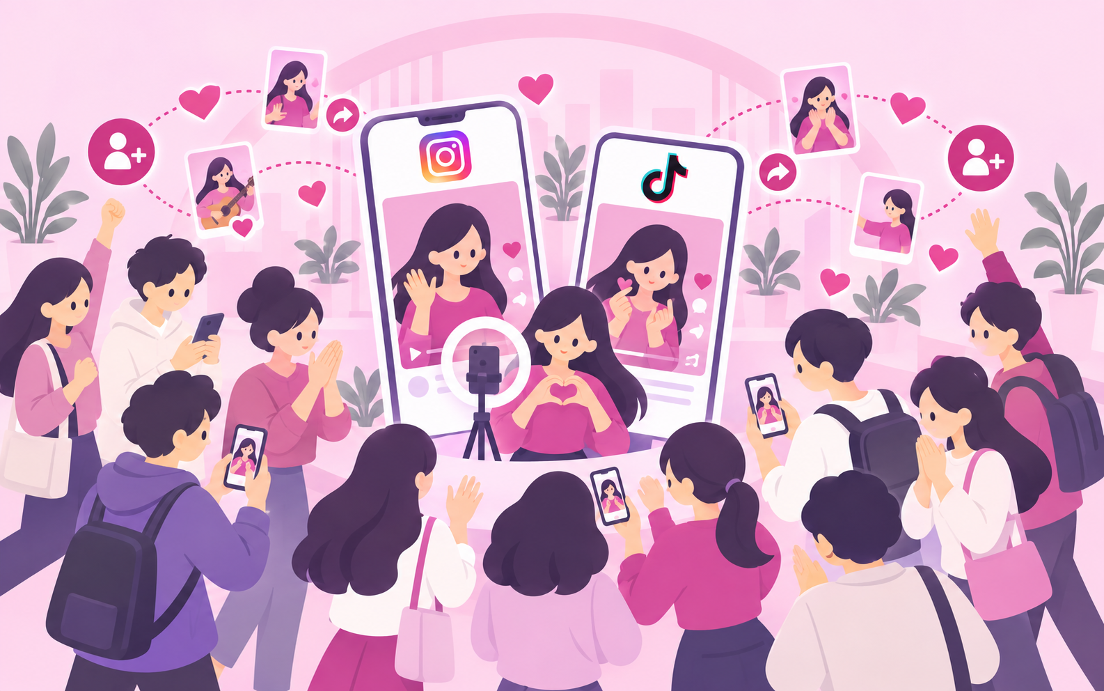 ピンクを基調に、InstagramやTikTokで発信する人の周りへ新しいファンが集まるイラスト