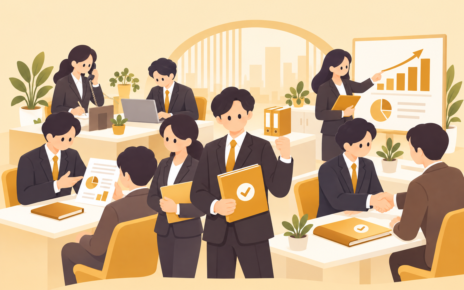 オレンジを基調に、提案や商談、営業活動を進めるスーツ姿の営業チームのイラスト